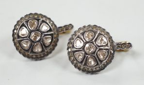 A pair of Indian, yellow and white metal, rose and rout cut diamond set target cluster earrings,