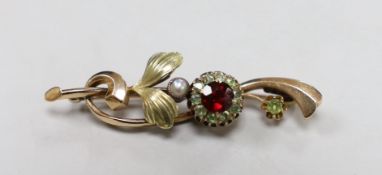 An early to mid 20th century Russian 56 zolotnik yellow metal, garnet? and split pearl set foliate