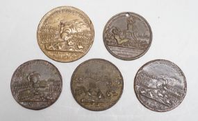 Five 18th century Prussia commemorative medals – a Frederick bronze medal 1757 (holed), three Battle