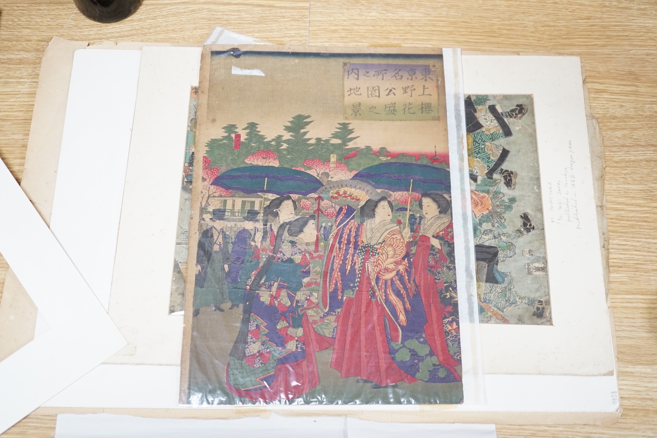 Eight Japanese woodblock prints, Kabuki actors, bijin etc., unframed - Image 2 of 2