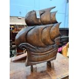 An Art Deco style carved oak firescreen in the shape of a ship, width 57cm, height 74cm *Please note