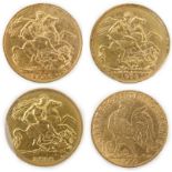 Two gold sovereigns, Victoria 1898M and Edward VII 1910, a George V half sovereign 1913 and a France