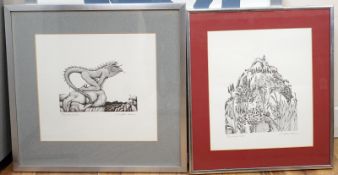 Christopher Boock (b.1947), two artist proof prints, 'Huntsman in a landscape' and 'Lizard man',