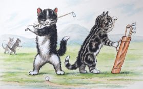 William Henry Ellam, set of six original watercolour artworks for postcards, Humorous sporting cats,