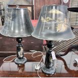 A pair of Japanese decorated metal table lamps, with matching shades, overall height 57cm *Please