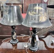 A pair of Japanese decorated metal table lamps, with matching shades, overall height 57cm *Please