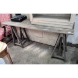 A Victorian style trestle table with planked top, length 175cm, width 49cm, height 82cm *Please note