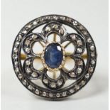 An Indian pierced yellow metal, sapphire and rose cut diamond set circular cluster ring, size N/O,