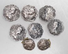 A set of six Edwardian silver buttons, S.M. Levi, Birmingham, 1902, 20mm, two other buttons and a