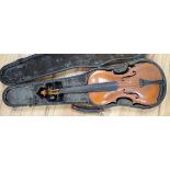 An early 20th century Stainer violin, patent number 23140, back measures 36.5cm excl button. cased