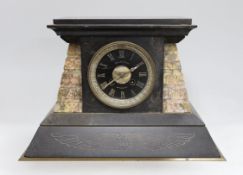 A W & M Dodge black slate and rose marble mantel clock with Egyptian engraved hieroglyphs, 25cm