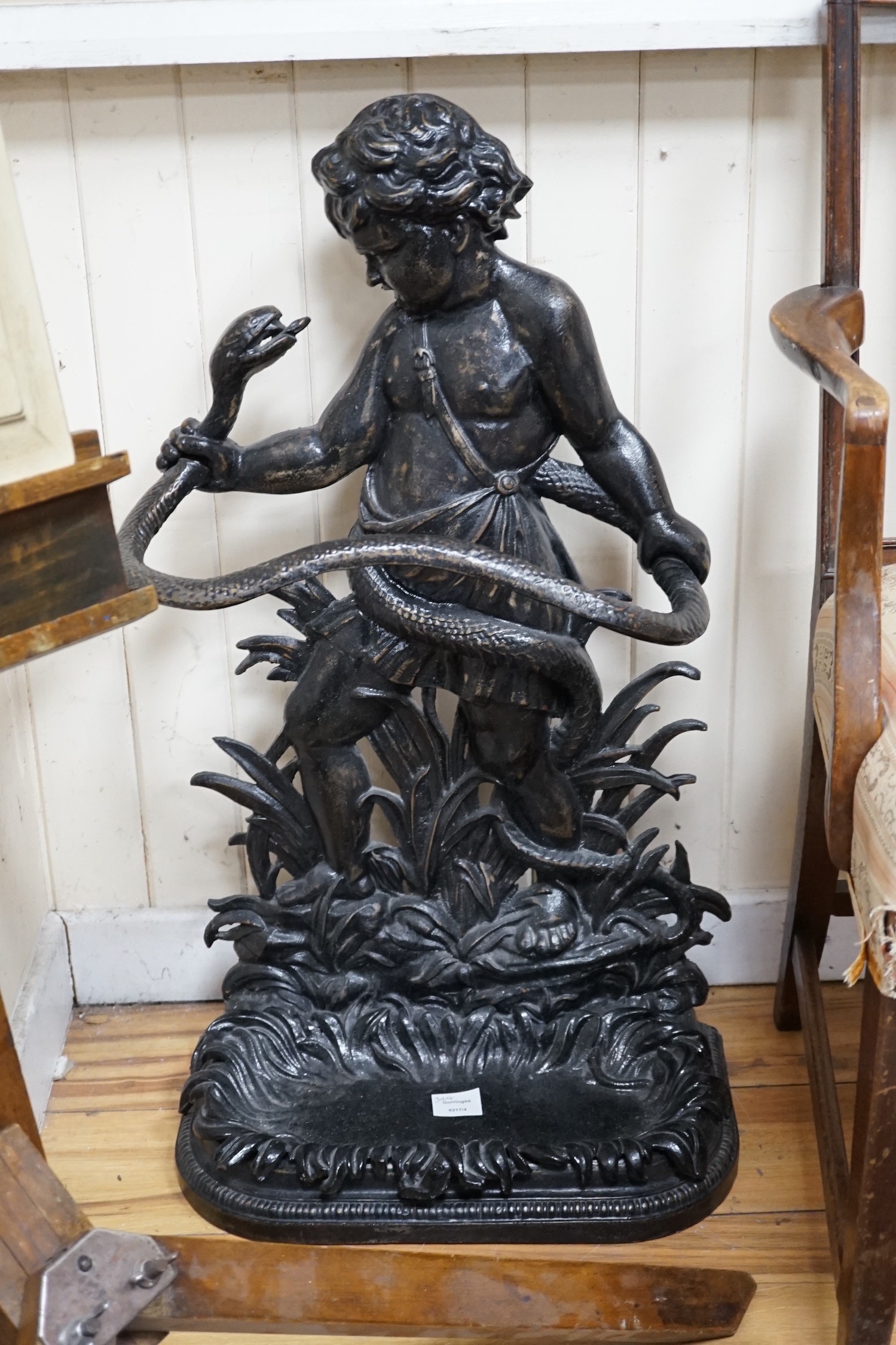 A Victorian style black painted cast iron infant Hercules stick stand in the Coalbrookdale style, - Image 2 of 2