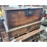 A small early 18th century oak mule chest, width 64cm, depth 34cm, height 42cm *Please note the sale