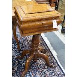 A Victorian burr walnut sarcophagus work table, width 38cm *Please note the sale commences at 9am.