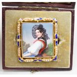 A cased Swiss? yellow metal, enamel and seed pearl mounted enamelled portrait brooch, 48mm, 13.8