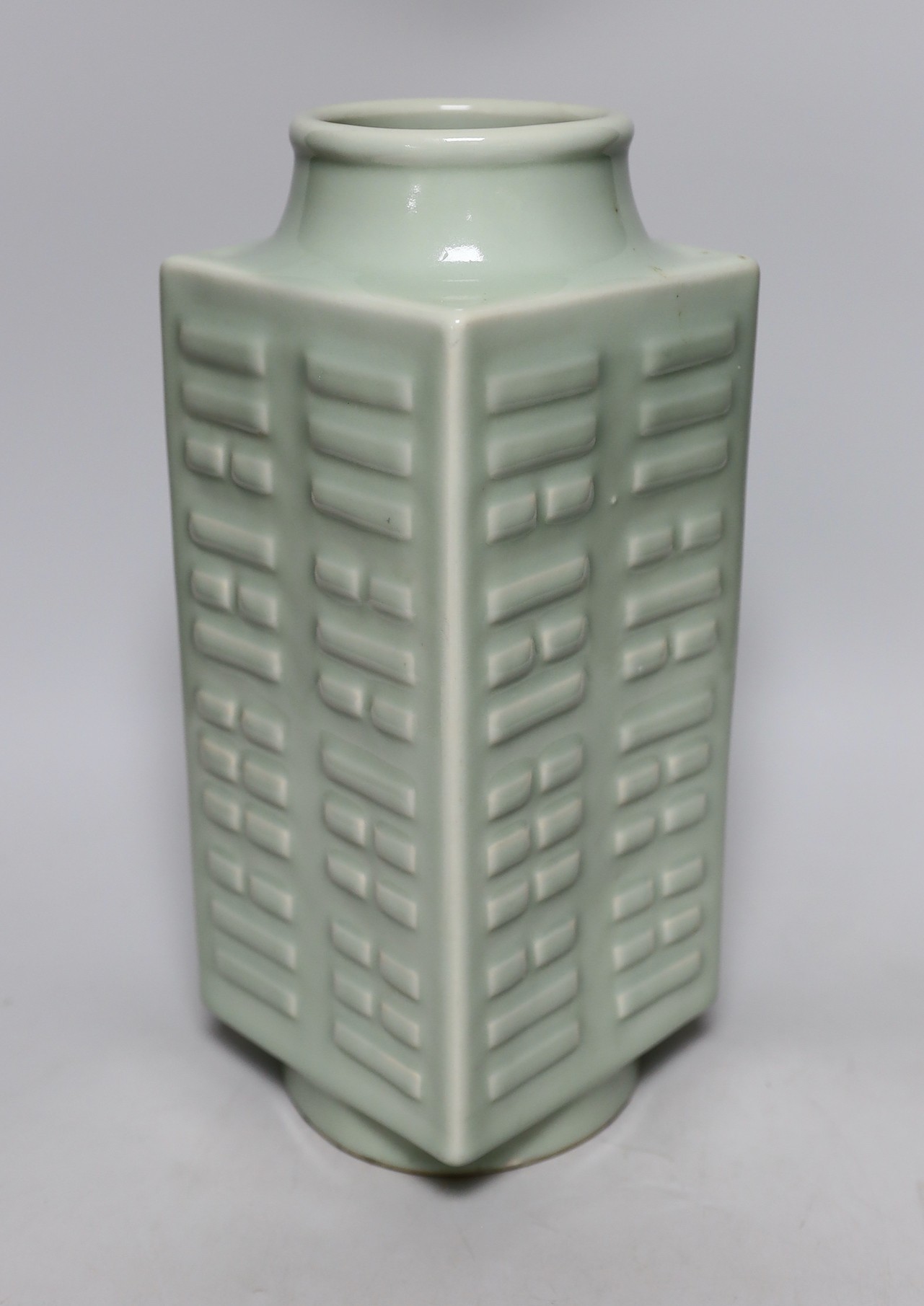 A square Chinese celadon-glazed 'cong' style vase, 30cm tall - Image 2 of 2