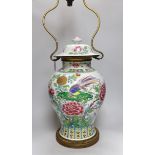 A Chinese vase and cover, converted to a two light lamp, 75cms high including fitting