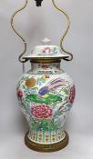 A Chinese vase and cover, converted to a two light lamp, 75cms high including fitting