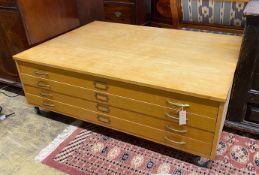 A mid century oak four draw plan chest top section, now on castors, width 130cm, depth 94cm,