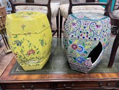 Two modern Chinese porcelain garden seats, width 40cm, depth 40cm, height 48cm (one a.f.) *Please