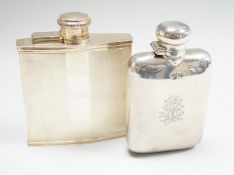 Two George V silver hip flasks, one with engine turned decoration, the latter William Base & Sons,