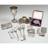 Sundry small silver including a George V goblet, cigarette case, vesta cases, flatware, wine