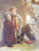 Thomas Webster (1800-1886), oil on wooden panel, Children standing beside a kennel, signed and dated