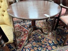 A George III circular mahogany tilt top tripod tea table, diameter 84cm, height 70cm *Please note