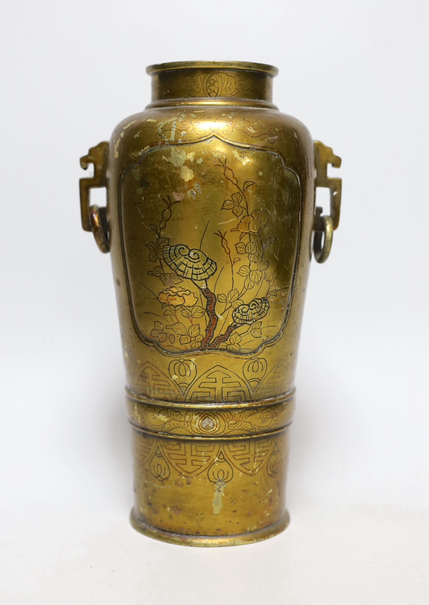 A Japanese bronze and mixed metal vase, later varnished, 24cms high