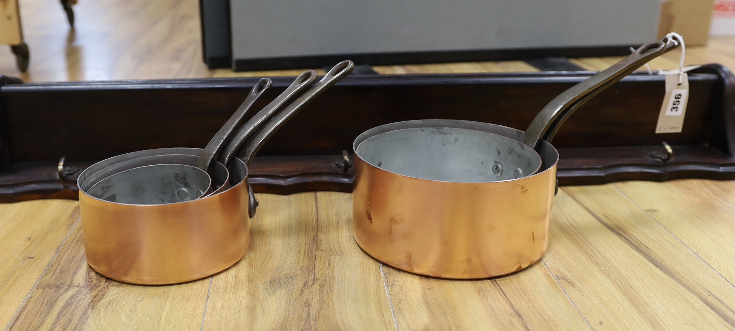 A set of five French copper saucepans, pendant from rack, rack 103cms long - Image 2 of 2