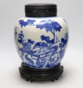 A large Chinese blue and white porcelain jar, 19th century decorated with scenes of birds amongst