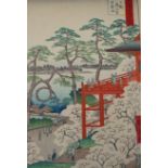 After Hiroshige, two woodblock prints, 'Shrine of Benten' and 'Shinobazu Pond', another print of