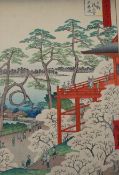 After Hiroshige, two woodblock prints, 'Shrine of Benten' and 'Shinobazu Pond', another print of