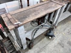 A pair of stained oak console tables with iron bound raw wood tops, width 132cm, depth 40cm,