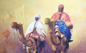 Xayod Jawal, oil on canvas, 'Camel riders', signed and dated '94, 74 x 118cm