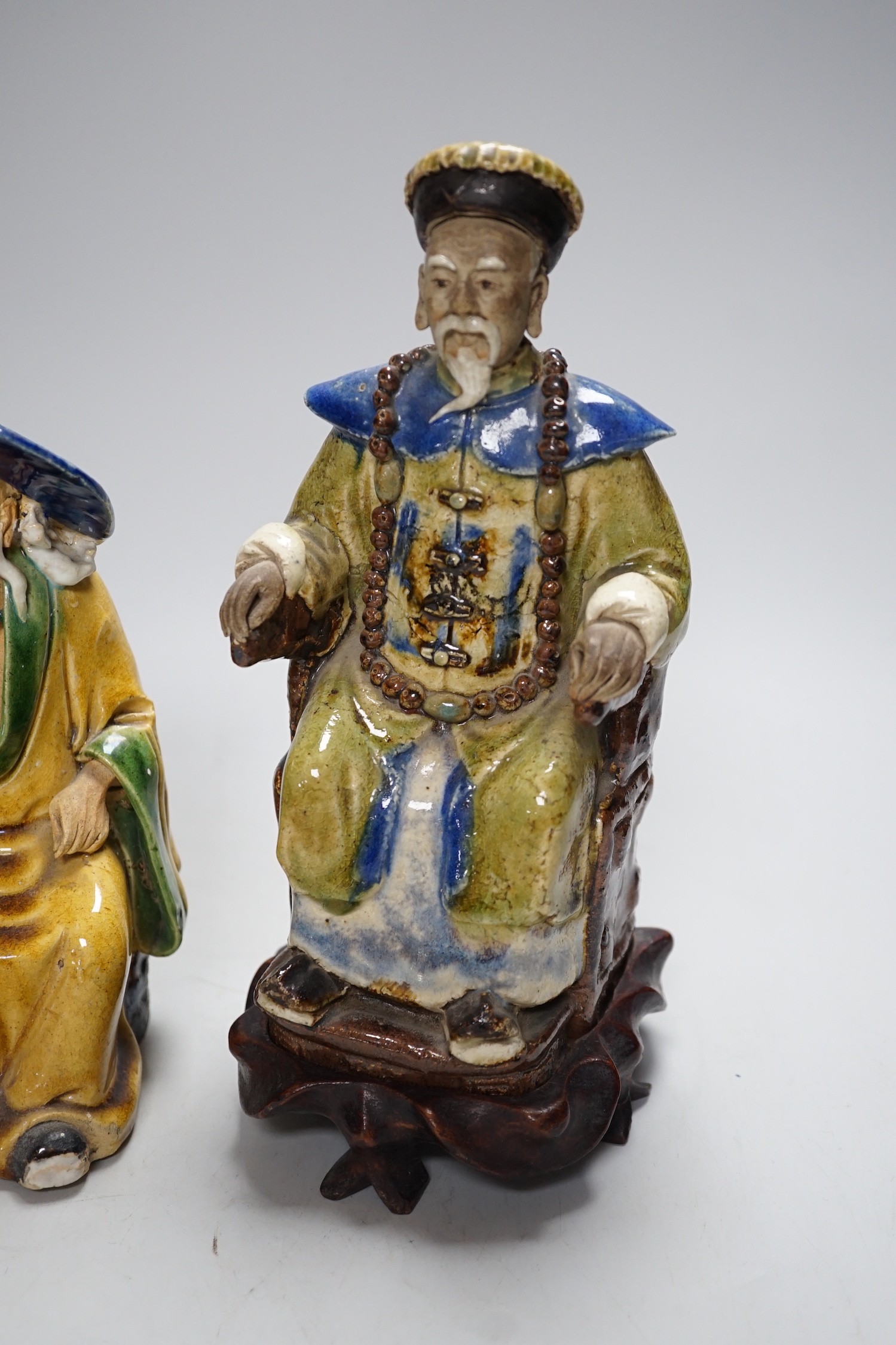 Three Chinese Shiwan pottery figures of an Emperor, Li Bai and an old man, tallest 23cm - Image 2 of 2