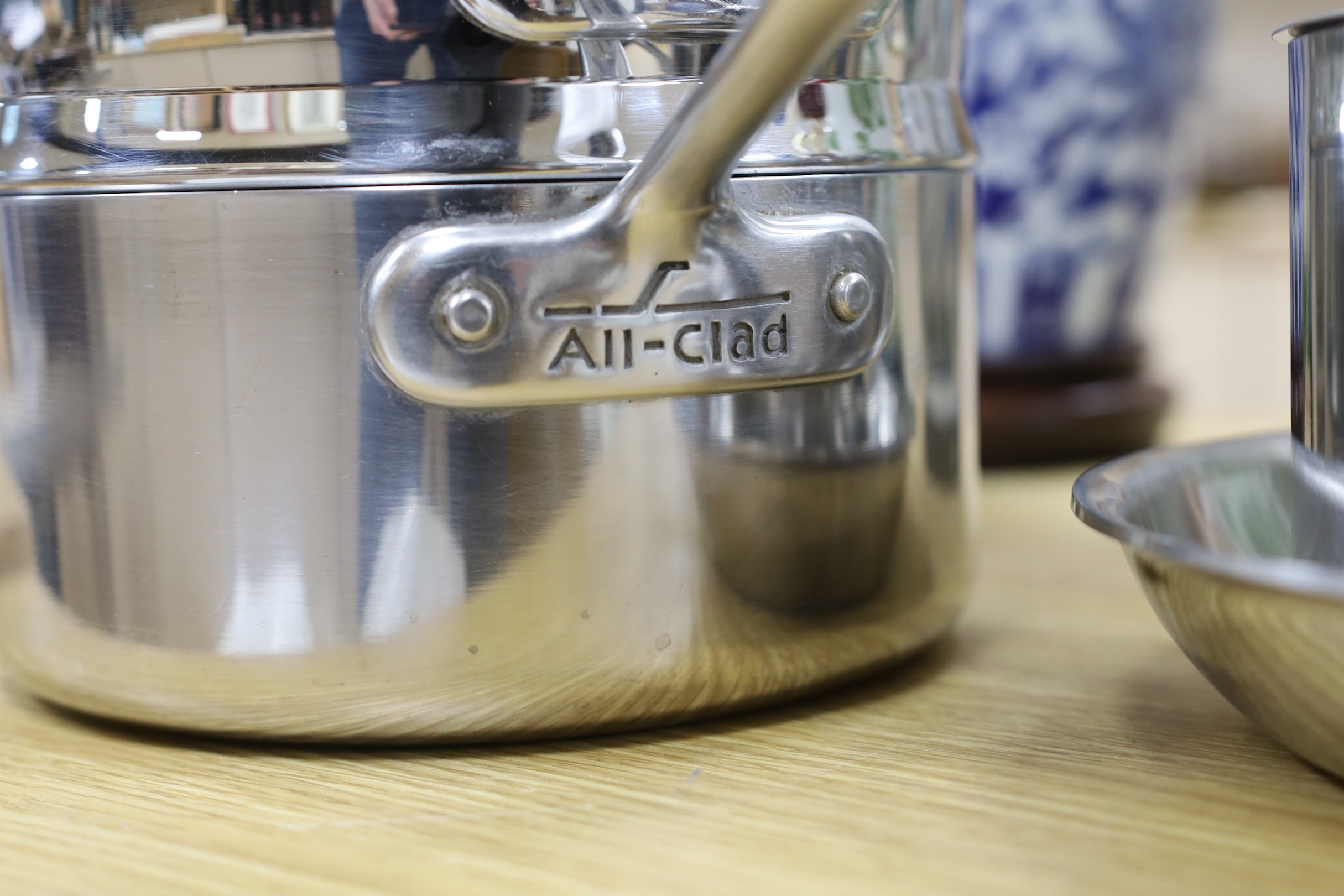 An “All Clad”, stainless steel steamer saucepan and cover, two other saucepans and covers and a - Image 2 of 2