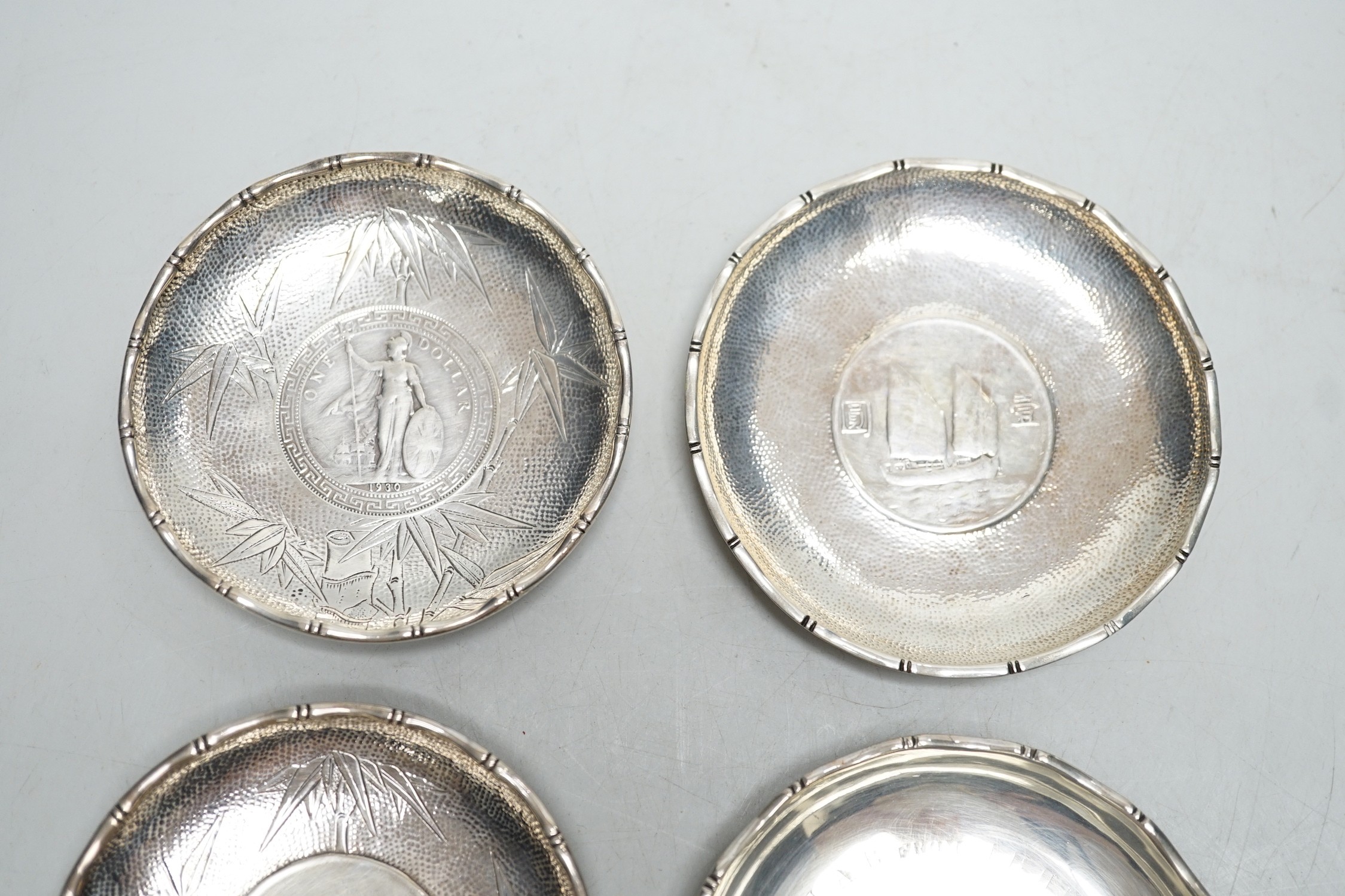 Three Hong Kong white metal mounted Republic of China coin dishes and a similar One Dollar 1930 - Image 2 of 2