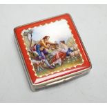 A German sterling white metal and enamelled square compact, 42mm.
