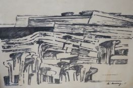 Wilfred Avery (1926-2016), mixed media, Stylised landscape, signed and dated 1961, 26 x 35cm and a