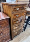 A Queen Anne revival feather banded walnut bowfront five drawer chest, width 61cm, depth 52cm,