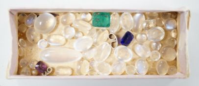A small quantity of unmounted cabochon moonstones of varying sizes and four other unmounted coloured