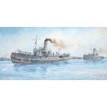 Gerald M Burn (1862-1945), watercolour, 'Iris and Daffodil', tug boats at sea, signed, 22 x 39cm