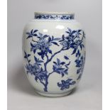 A Chinese blue and white bird amongst the branches ovoid jar, 27cm tall