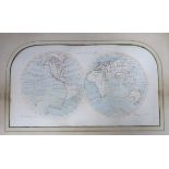 M.A. Dadman (19th C.), watercolour and ink, Map of the World 1883, 22 x 39cm, maple framed