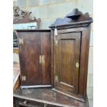 Two 18th century style hanging corner cupboards, one in oak, the other walnut, width 52cm and