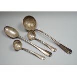 A late Victorian silver rat tail pattern soup ladle, basting spoon and a pair of ladles, by Josiah