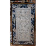 Three framed Chinese embroidered silk sleeve panels, 71 x 37cm, together with two others