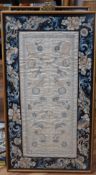 Three framed Chinese embroidered silk sleeve panels, 71 x 37cm, together with two others