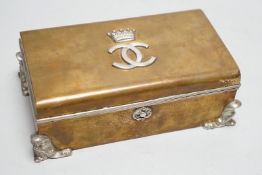 An unusual late Victorian silver mounted brass rectangular cigarette box, with applied monogram,